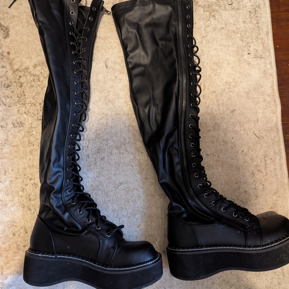 Demonia Black Thigh-High Platform Boots